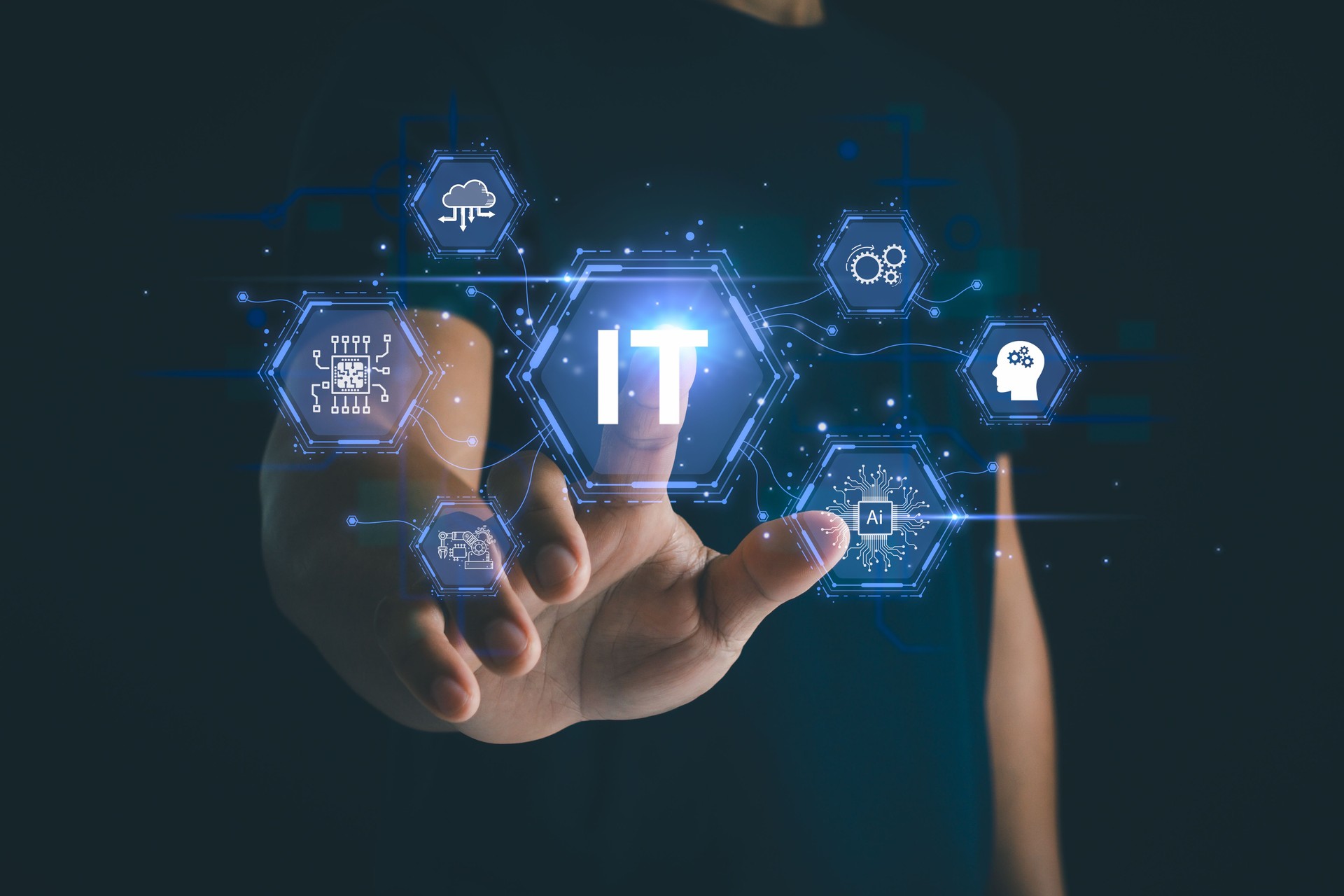 IT consultant presenting tag cloud about information technology with AI. Technical support customer service concept, IT expert assistance remote consulting on laptop with business communication icon.